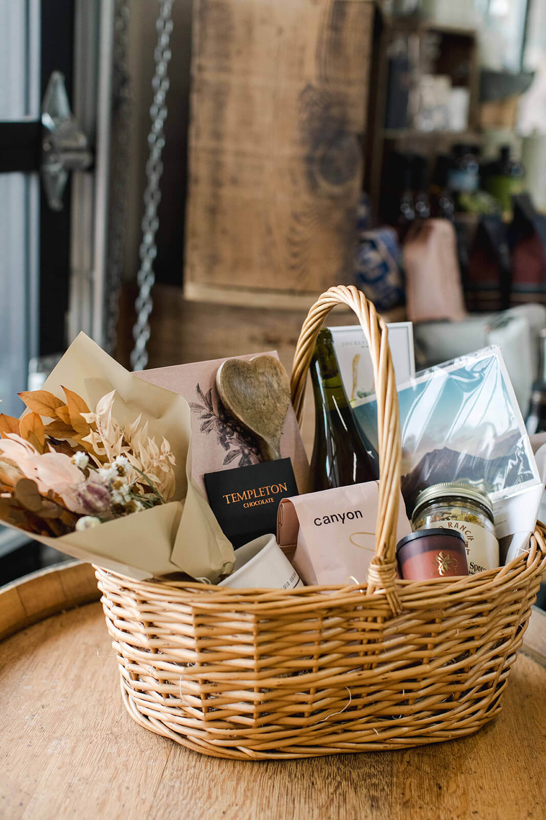 a gift basket with yummy food and drinks